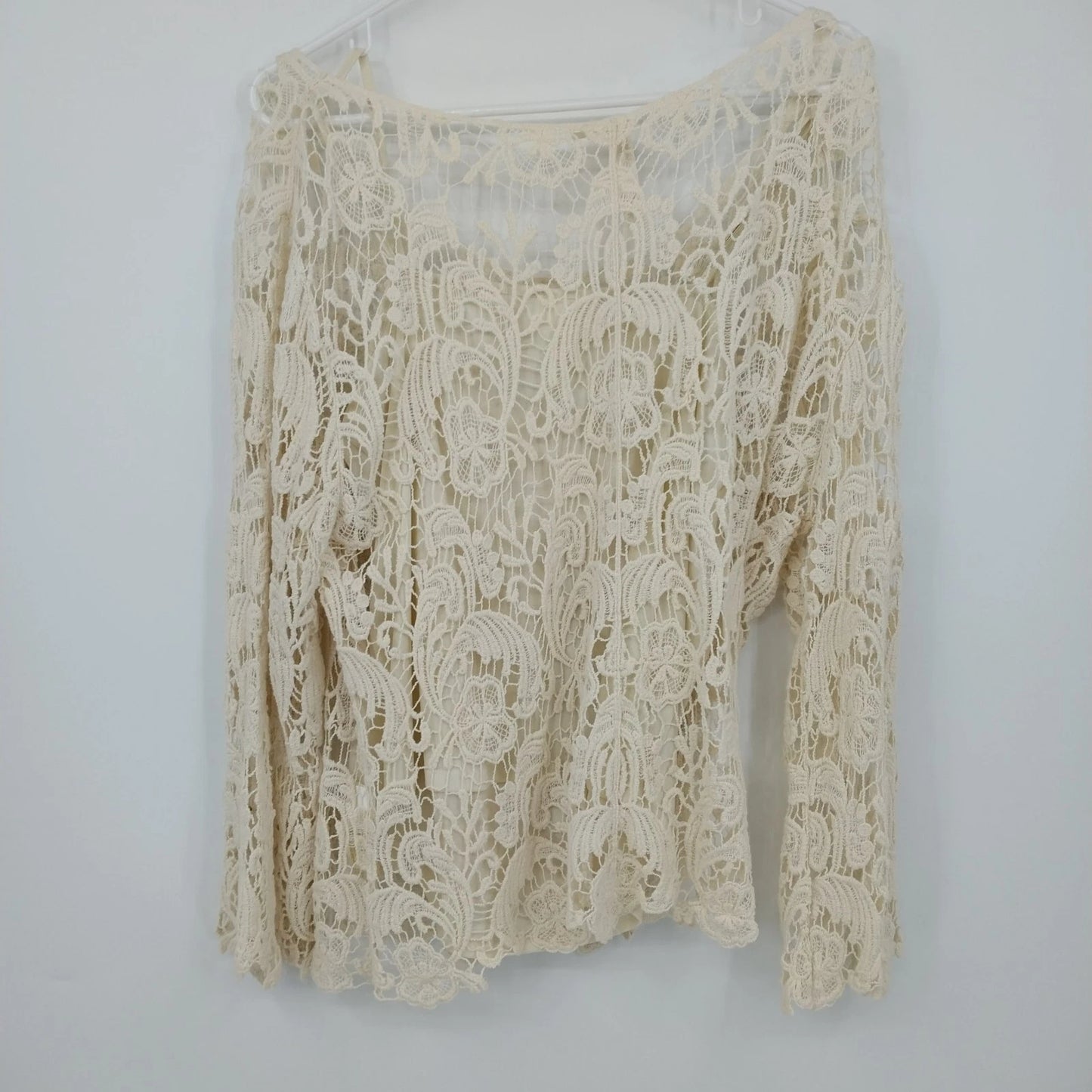 Adiva Cream Crochet Lace Boho Top Women's XL Long Sleeve Sheer Cotton Overlay
