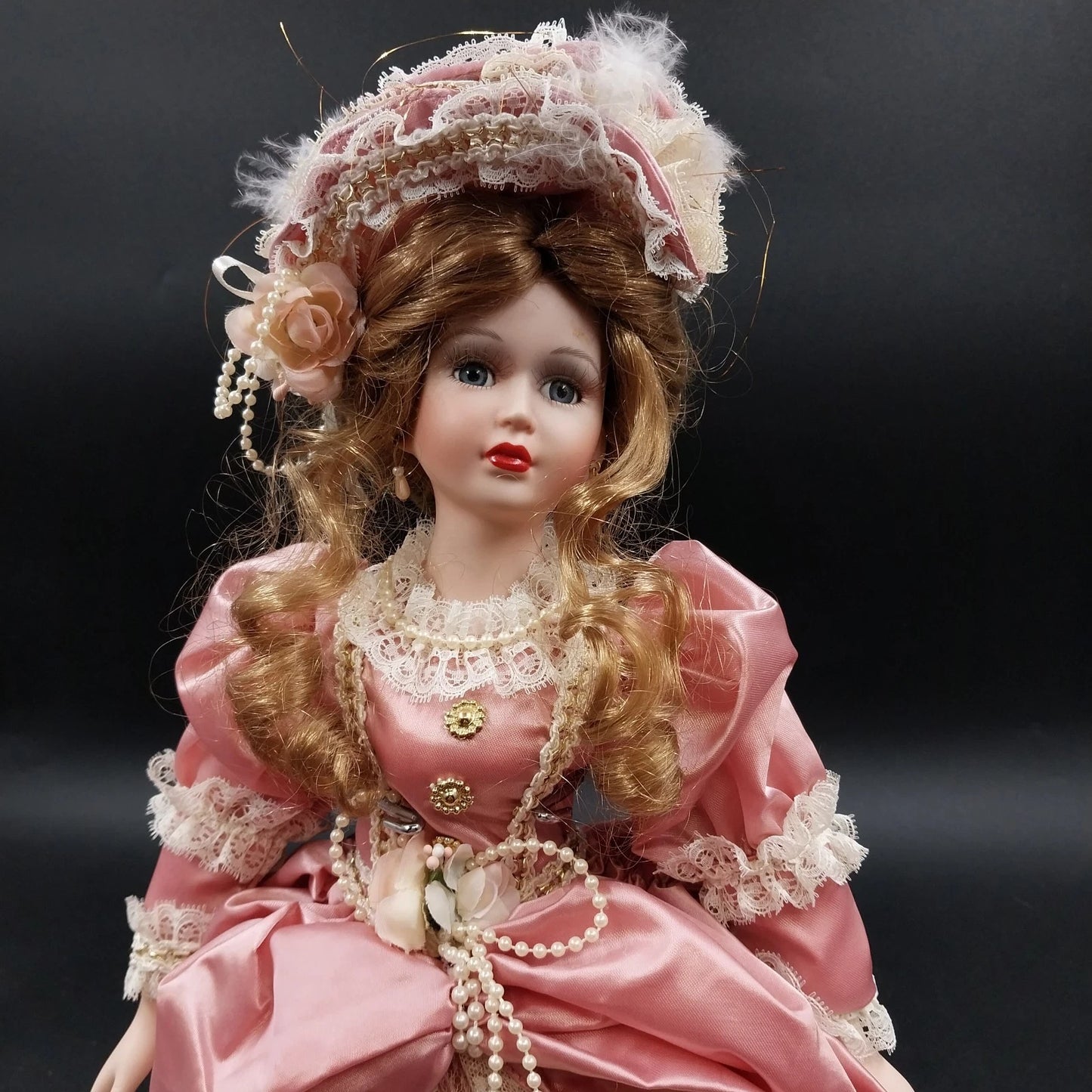 Porcelain Doll 18" Pink White Dress Antique Lace Curly Hair Collector Figurine