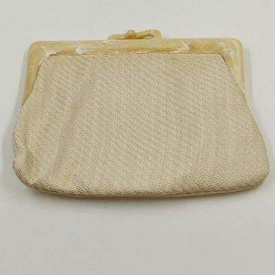 Beige Woven Textured Clutch Purse Handbag Bakelite Frame Italy 8"x9.25"