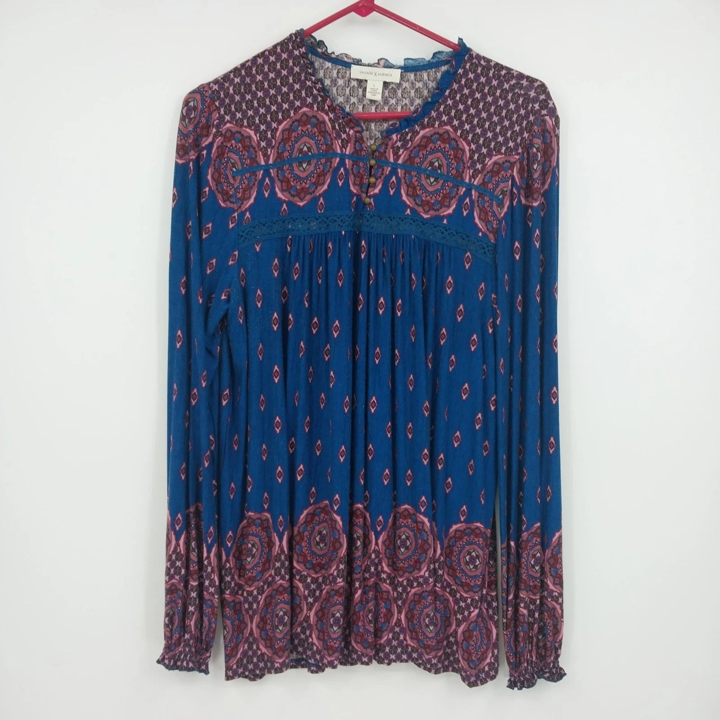 Vintage America Blues Women's Geometric Peasant Top Blue Pink Boho Size L