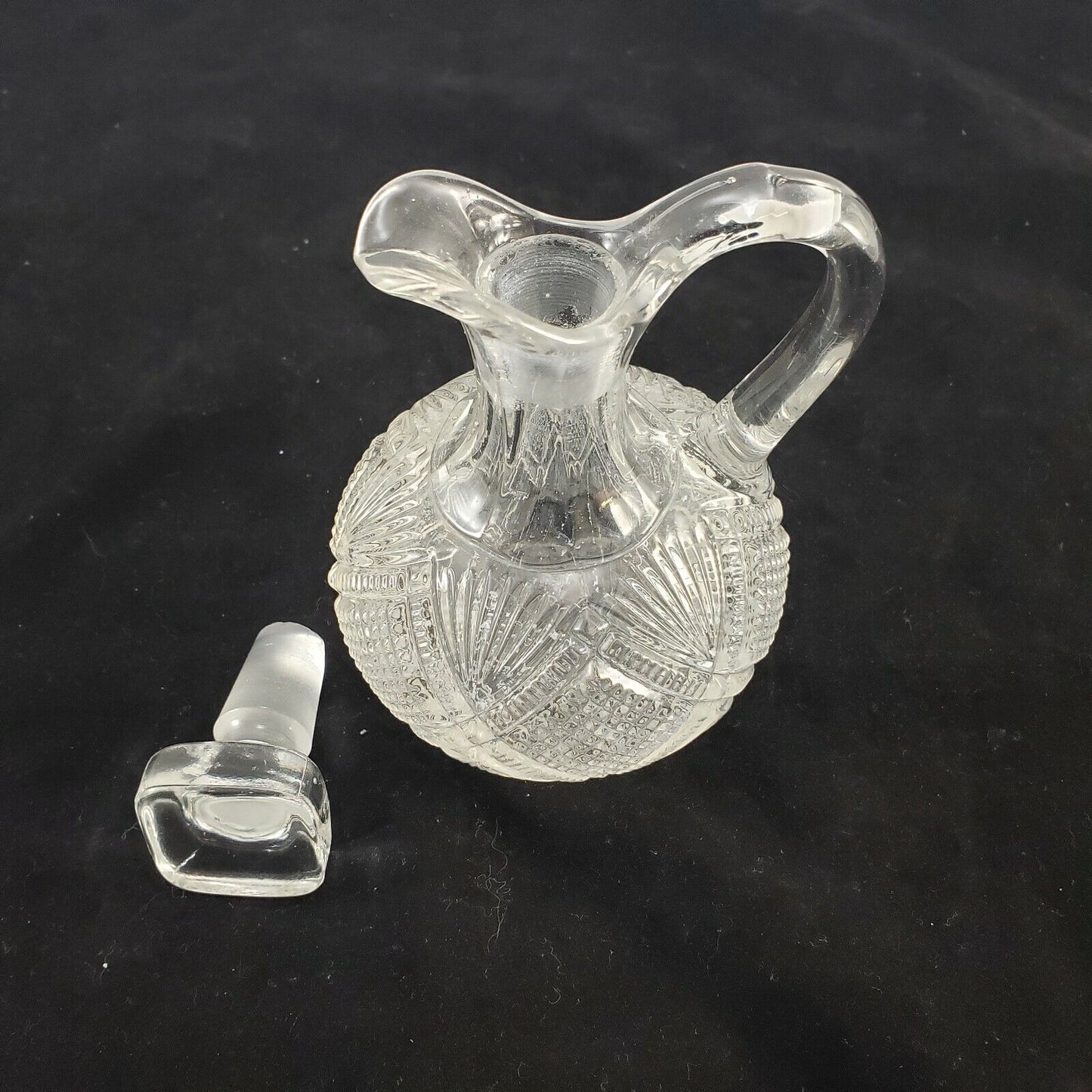 Pressed Glass Round Cruet Square Stopper Loop Handle Short Spout Vintage 5¼" H