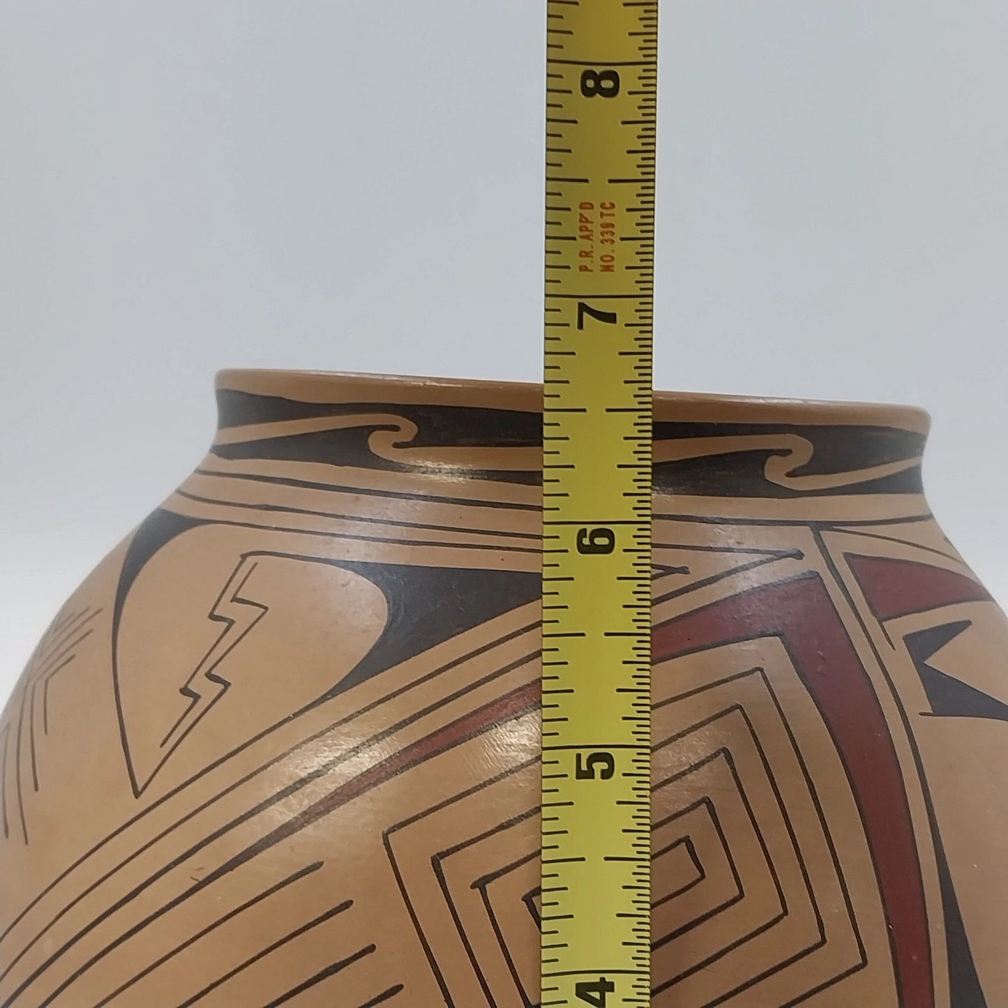 Handmade Mexican Pottery Bowl Geometric Bird Motif Tan Black Red 7" Round Bottom