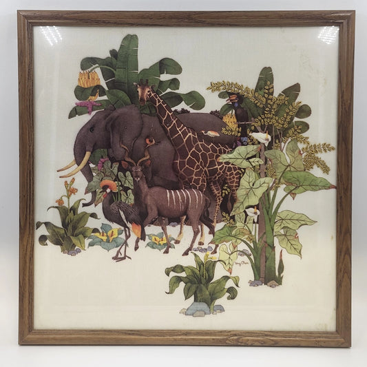 18-inch framed African safari textile artwork with elephant and giraffe