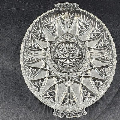 Brilliant Cut Glass Oval Divided Veggie Tray Stars Lines Scallop Edge Center Lid