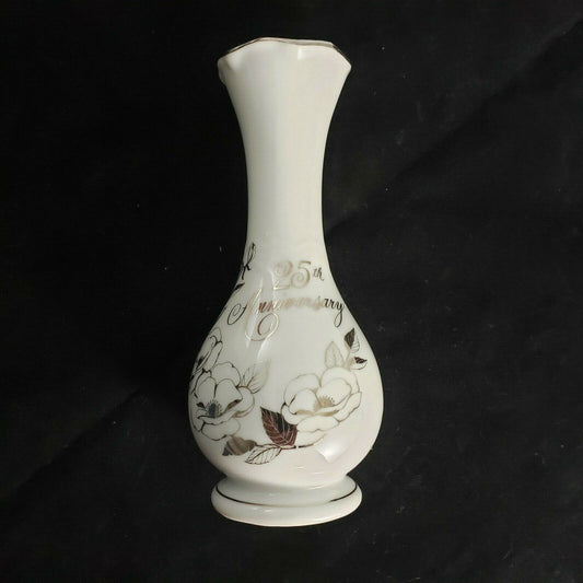 White Porcelain Bud Vase Scalloped Edge 25th Anniversary George Good Japan 6½"