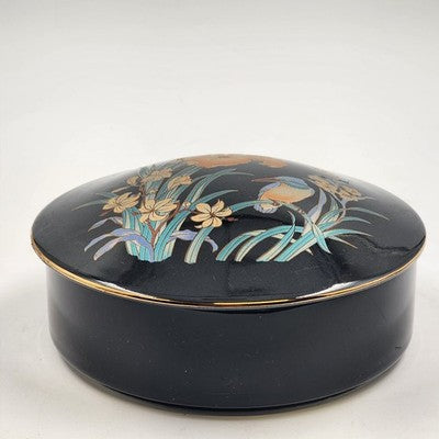 Japan Ceramic Trinket Pot Box 6" Black Gold Gilt Bird & Flowers Ring Box