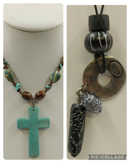 2 Pendant Necklaces Turquoise Stone Cross & Black Cord Beaded Mix Shaped