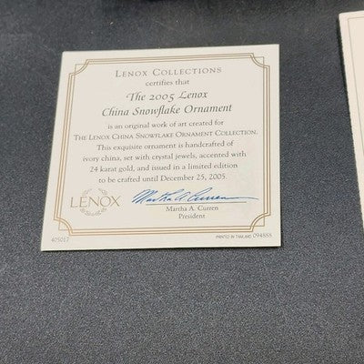 Lenox 2005 Snowflake Christmas Ornament 24 Karat Gold COA Original Packaging NOS