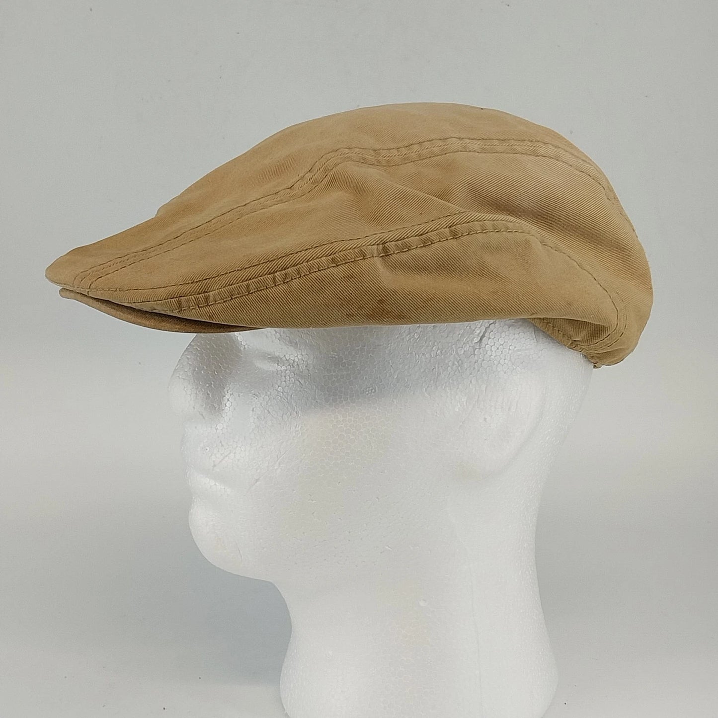 George Tan Canvas Newsboy Cap Flat Driving Hat Multi Panel Mens Small Spot Vtg