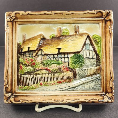 Molded Resin 3D Wall Art Cottage Shrubbery Street Scene Picture Frame Signed
