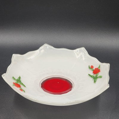 Indiana Glass White Footed Bowl Red Tulips Ruffled Edge Vintage