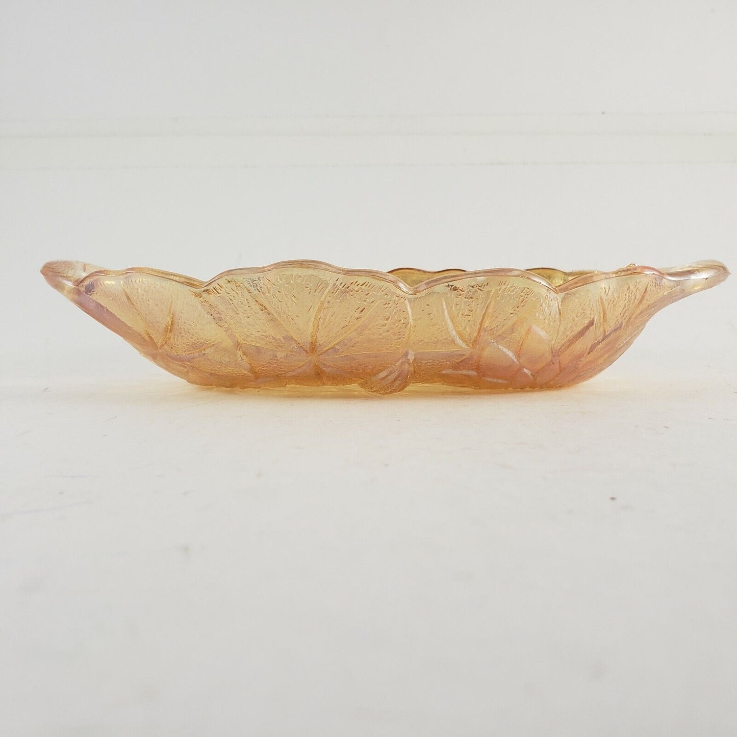 Carnival Glass Relish Dish Oval Flower Daisy Marigold Iridescent Gold 9½" × 4¾"