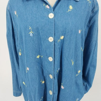 Koret City Blues Denim Shirt Jacket L Floral Embroidered Long Sleeve Women's