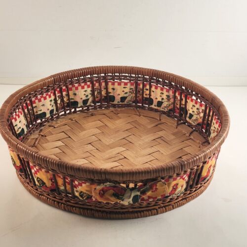 Woven Oval Straw Wicker Basket With Ribbon And Rooster Design Vintage 12"