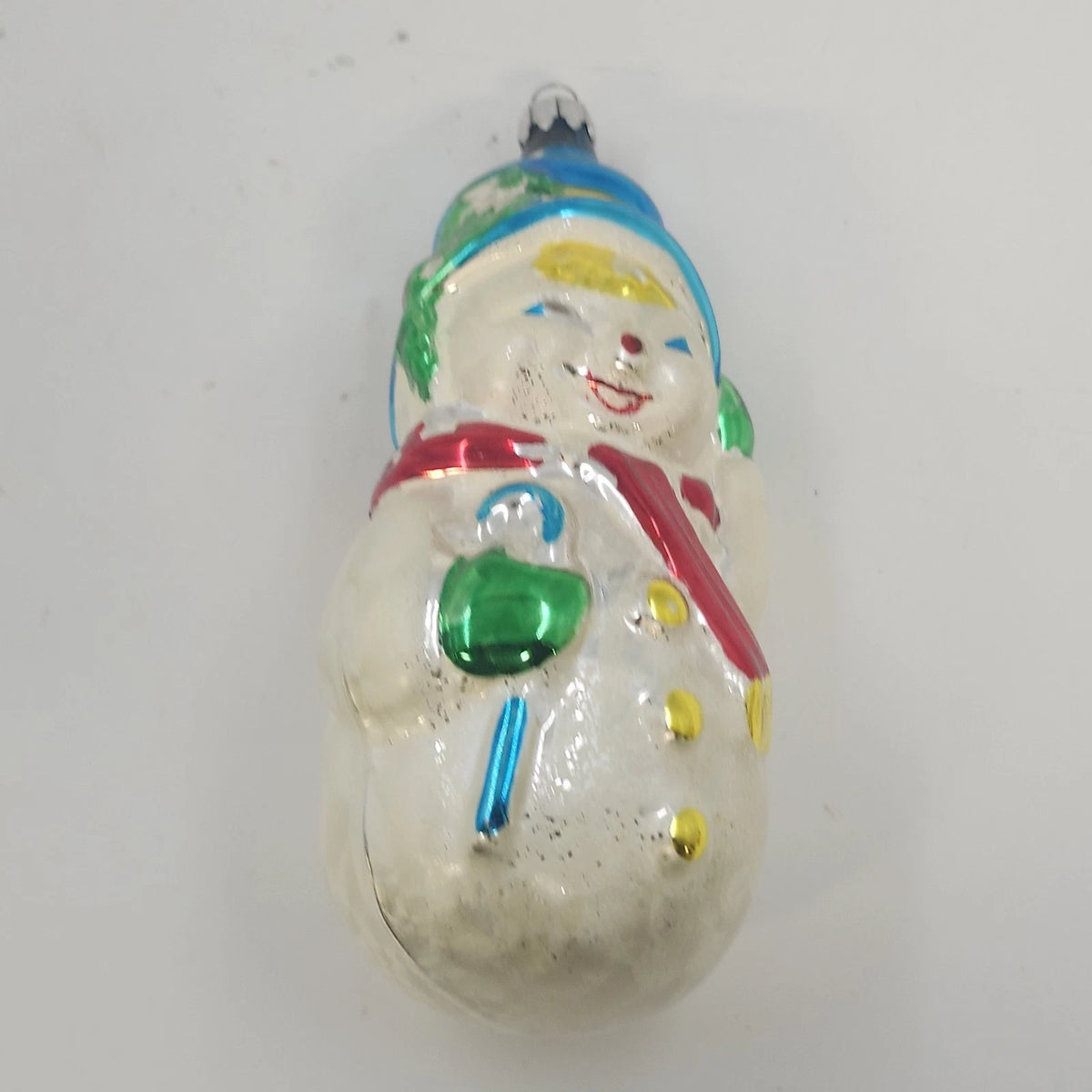 Snowman Blue Hat Red Scarf Hand Painted Blown Glass Christmas Ornament 5" Vtg