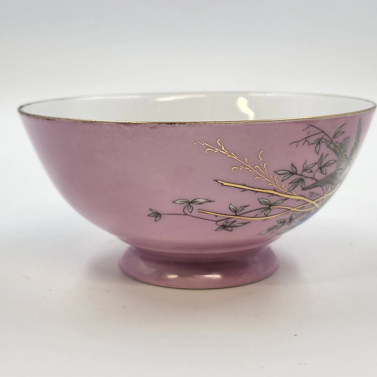 Pink Porcelain Footed Bowl Birds Nest Blue Flowers Gold Trim 6.25" Kitchen