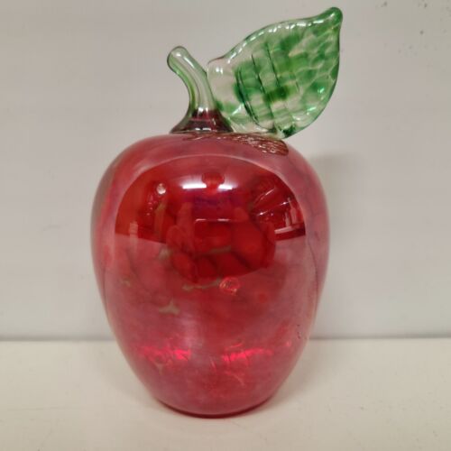 Paperweight Hand Blown Red Mottled Red Art Glass Apple Green Leaf & Stem Vintage