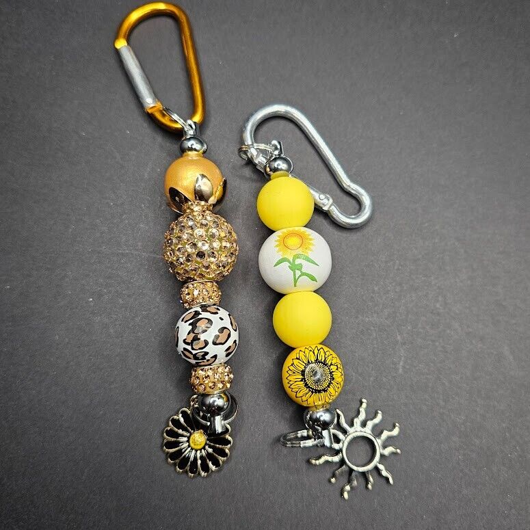 2 Key Ring Bag Charm Yellow Spring Flower Sun D Ring Handmade Gift Clip Gift
