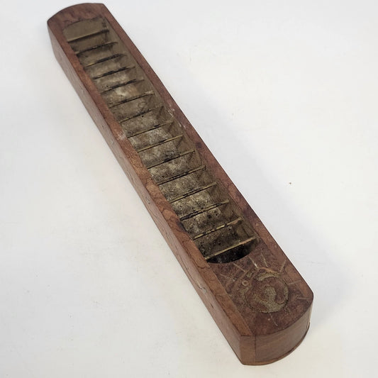 Indian Natural Wood Incense Burner 12.5" Brass Inlay Om Symbol Ash Catcher Vtg