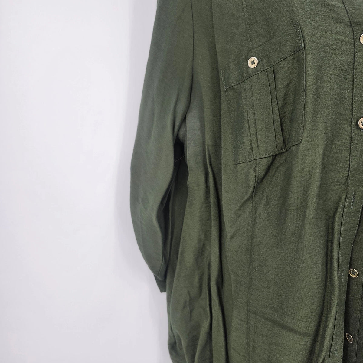 DressBarn db Women's Blouse 2X Plus Olive Green Button Up Roll Tab Long Sleeve
