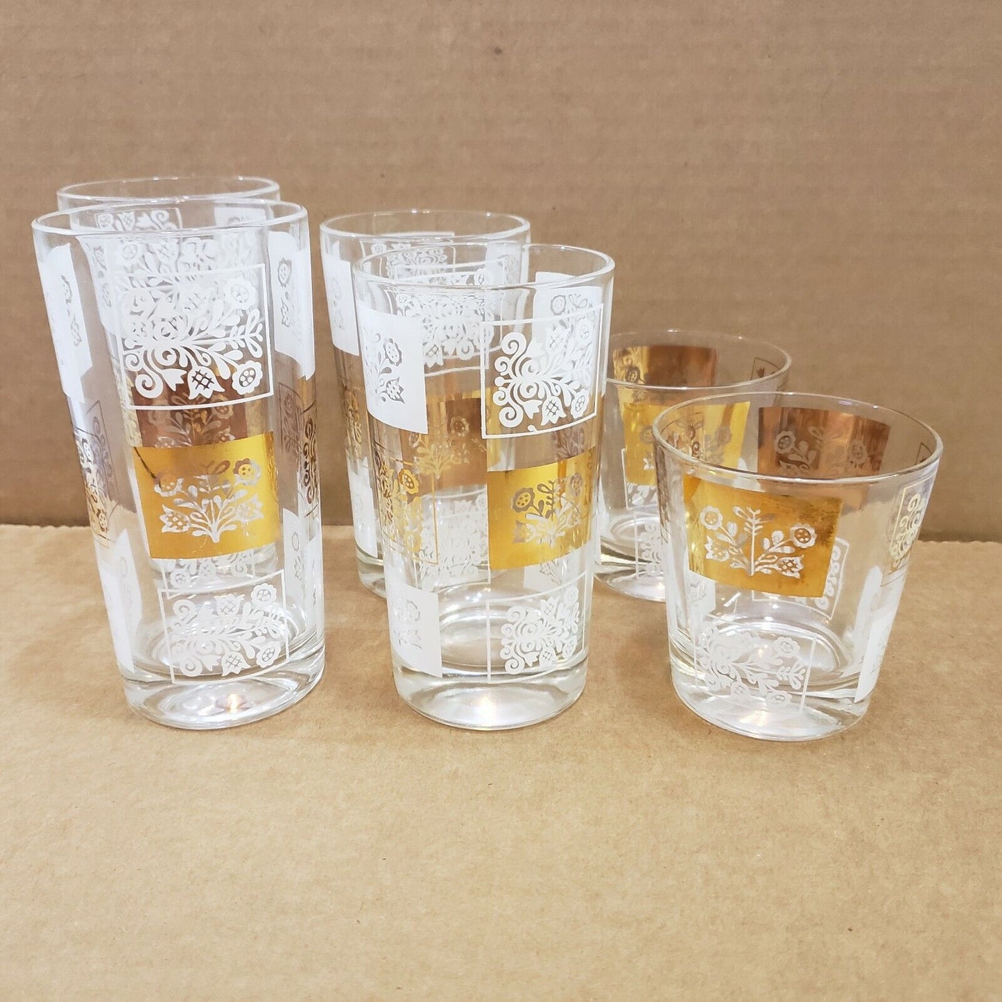 6 Vintage Glass Tumblers Gold White Geometric Design 2 each 5.5" - 5" - 3" tall