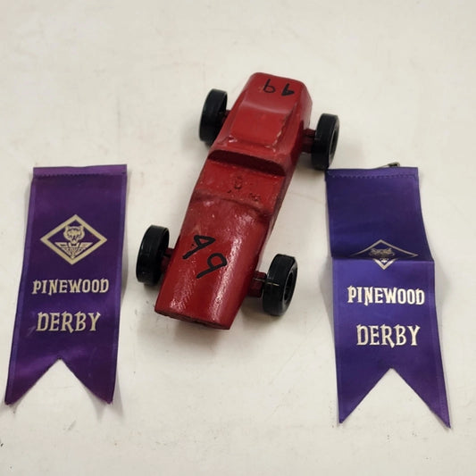 Pinewood Derby Car No 49 Red Handmade Wood Racer Vehicle w/ Winner Ribbon 1975