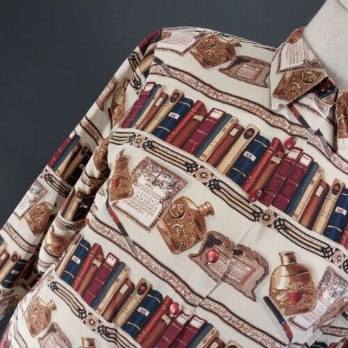 Allison Taylor Silk Blouse Size Small Library Print Button Up Shoulder Pads