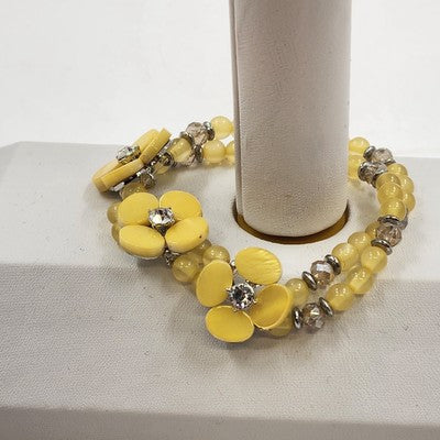 Yellow Faux Pearl & Flower Disc w Rhinestone Motif Double Strand Bracelet 3.75"