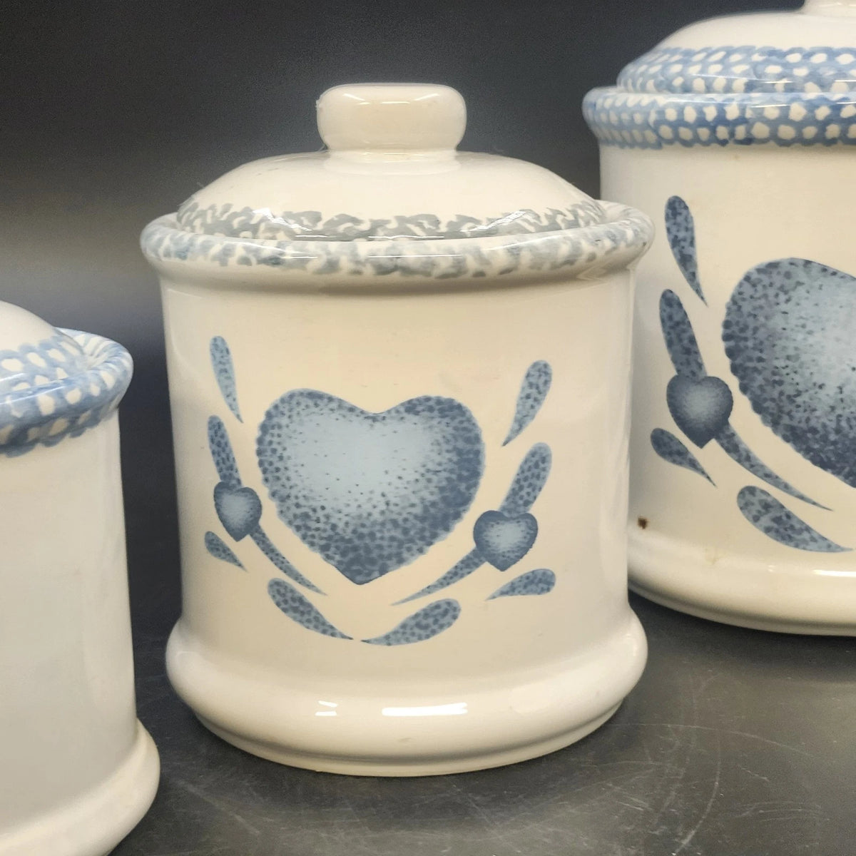 Blue Heart Canister Set 3 Lidded Ceramic Stoneware Farmhouse Kitchen Jars 1980s