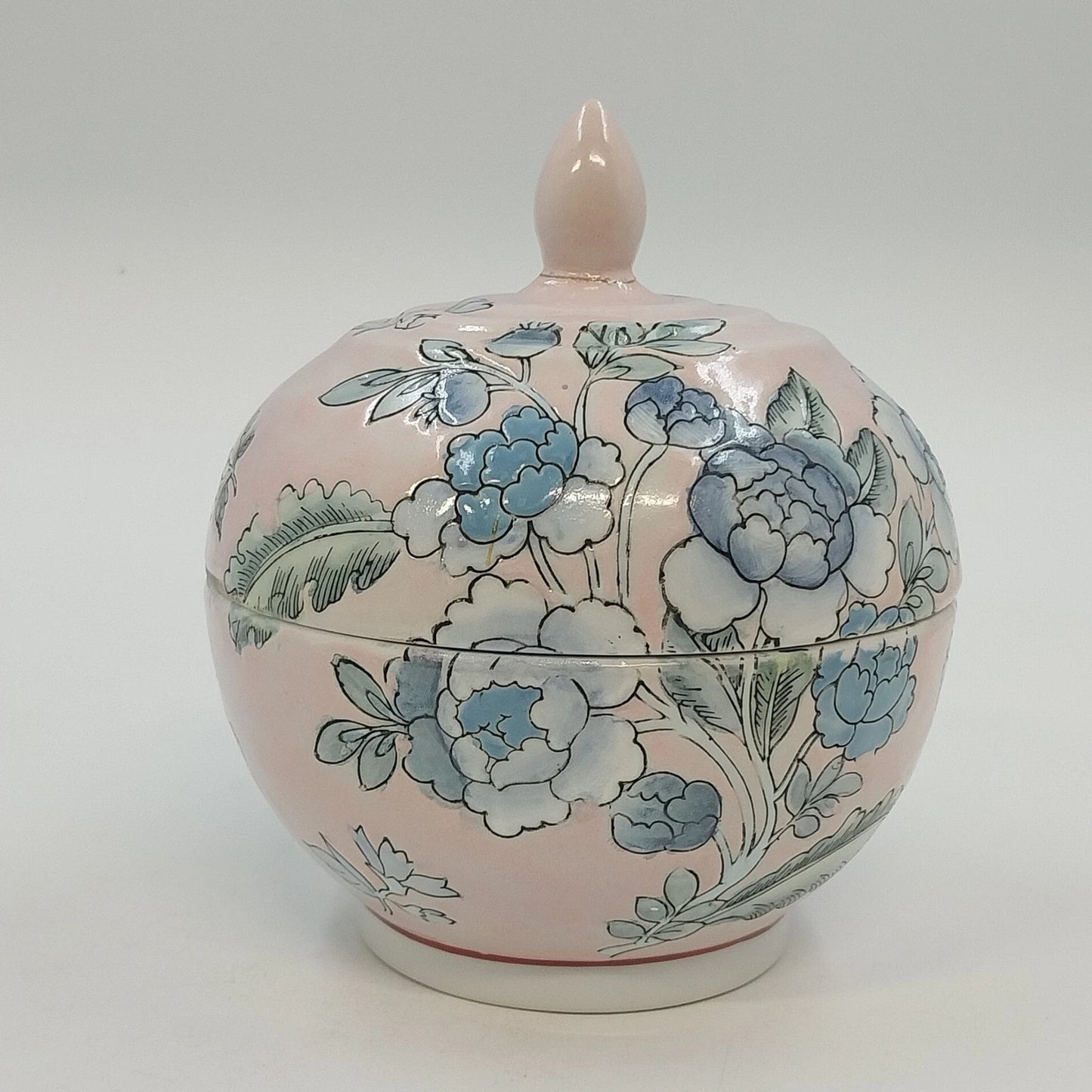 Chinese Hand Painted Porcelain Covered Bowl Pink Blue Floral Ginger Pot Jar Vtg