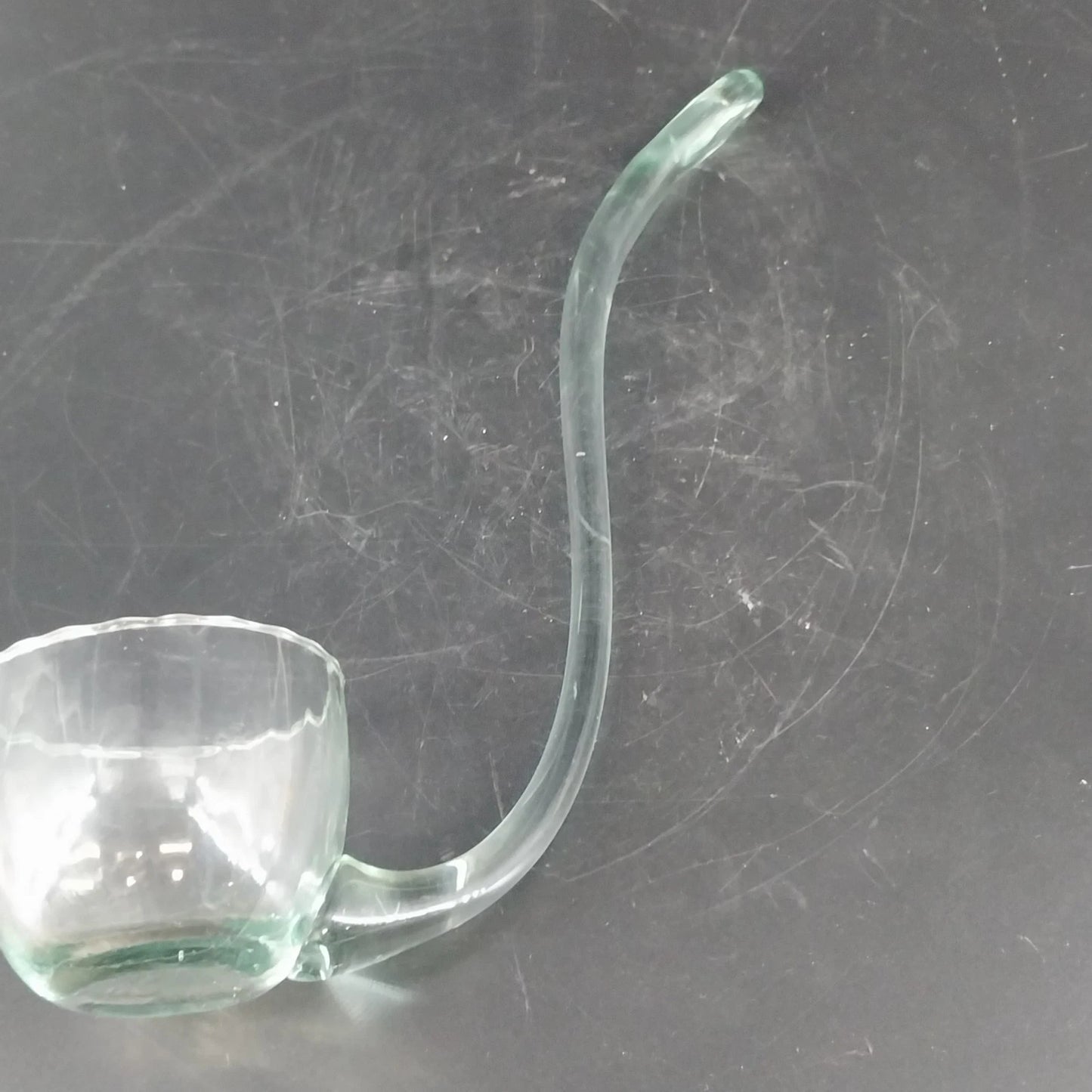 Hand Blown Glass Punch Bowl Ladle Green Tint Curved Handle 9in Large Dipper Vtg
