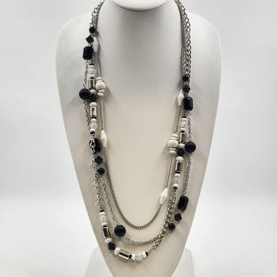 Silver Tone Chains w Black White & Silver Tone Beads Three Strand Necklace 17"