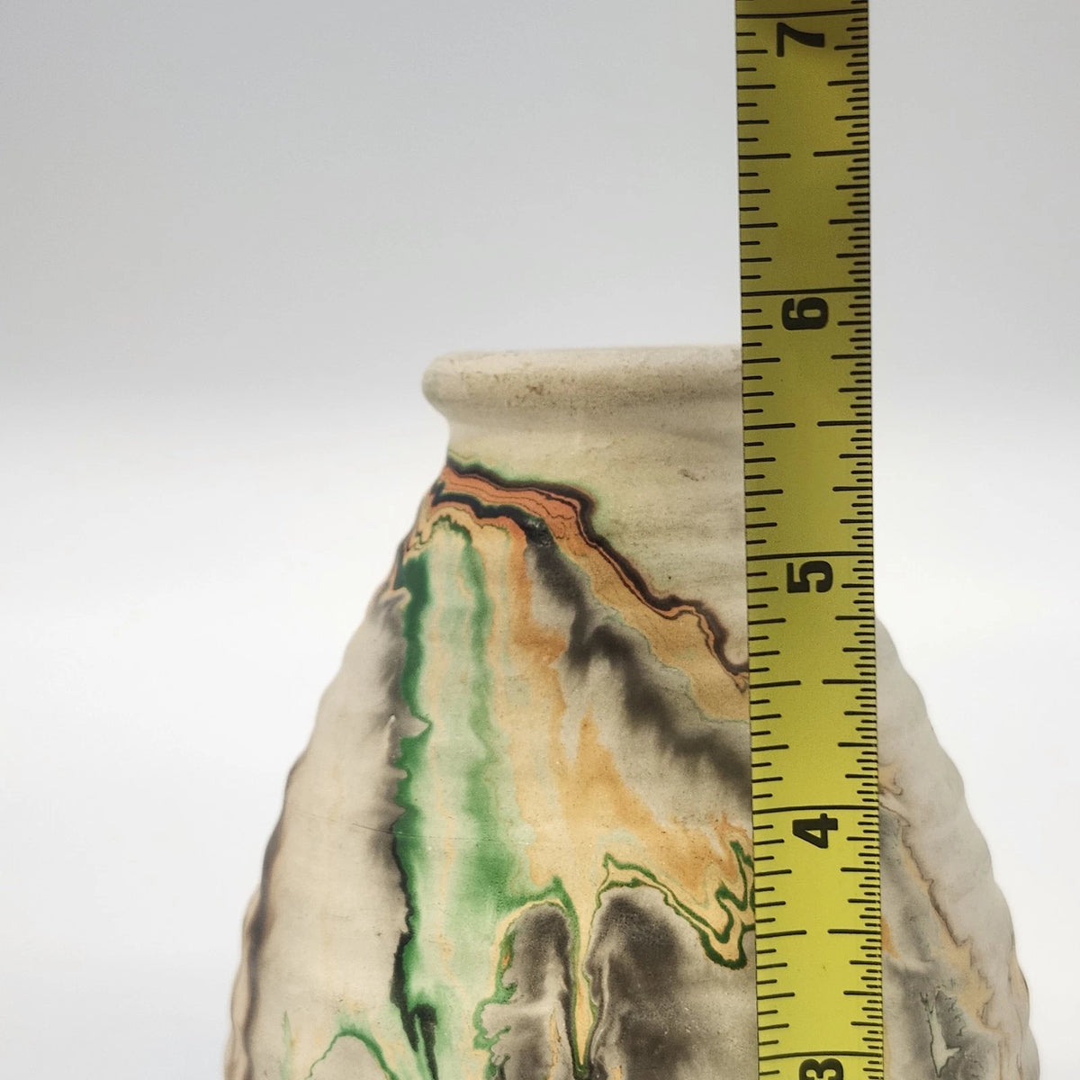 Nemadji Indian Pottery Native Clay Ribbed Vase 5.5" Green Orange Swirl USA