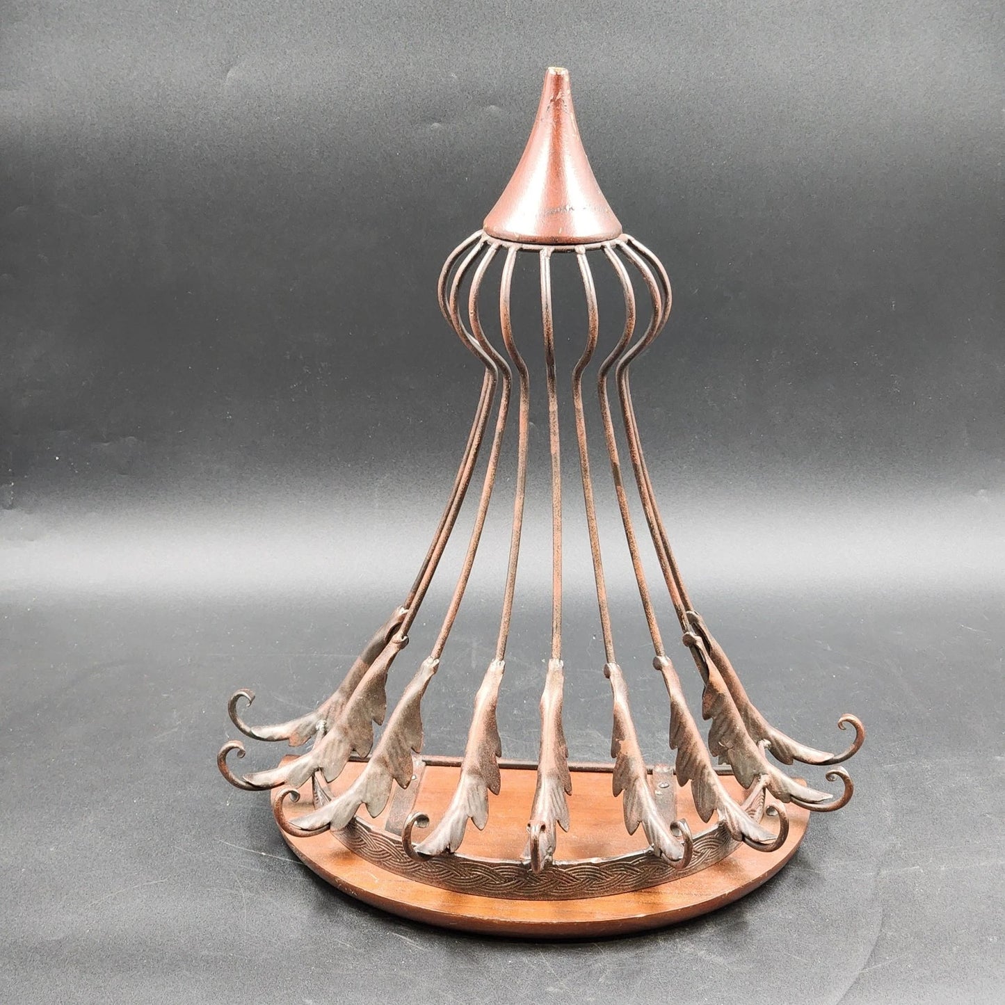 Half-Round Floating Wall Shelf Dark Wood Top Ornamental Metal Support 16.5"