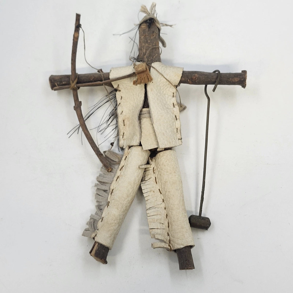Handmade Wood Hunter Rustic Figure 7" Bow Leather Clothing Folk Art Primitive
