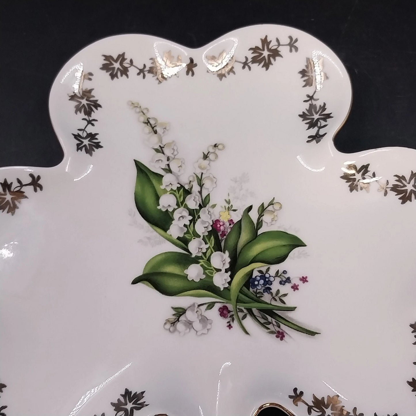 Handmade Czech Porcelain Clover Plate Lily of the Valley Gold Trim Trinket Dish