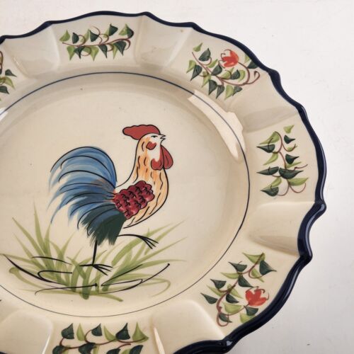 Ceramic Pottery Decorative Rooster Round Plate Country Farmhouse w/ Blue Trim