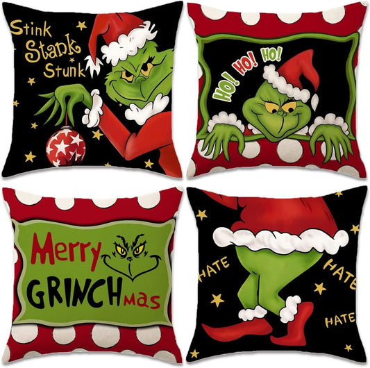 4 Christmas Grinch Throw Pillow Covers Linen Decor Farmhouse 18"