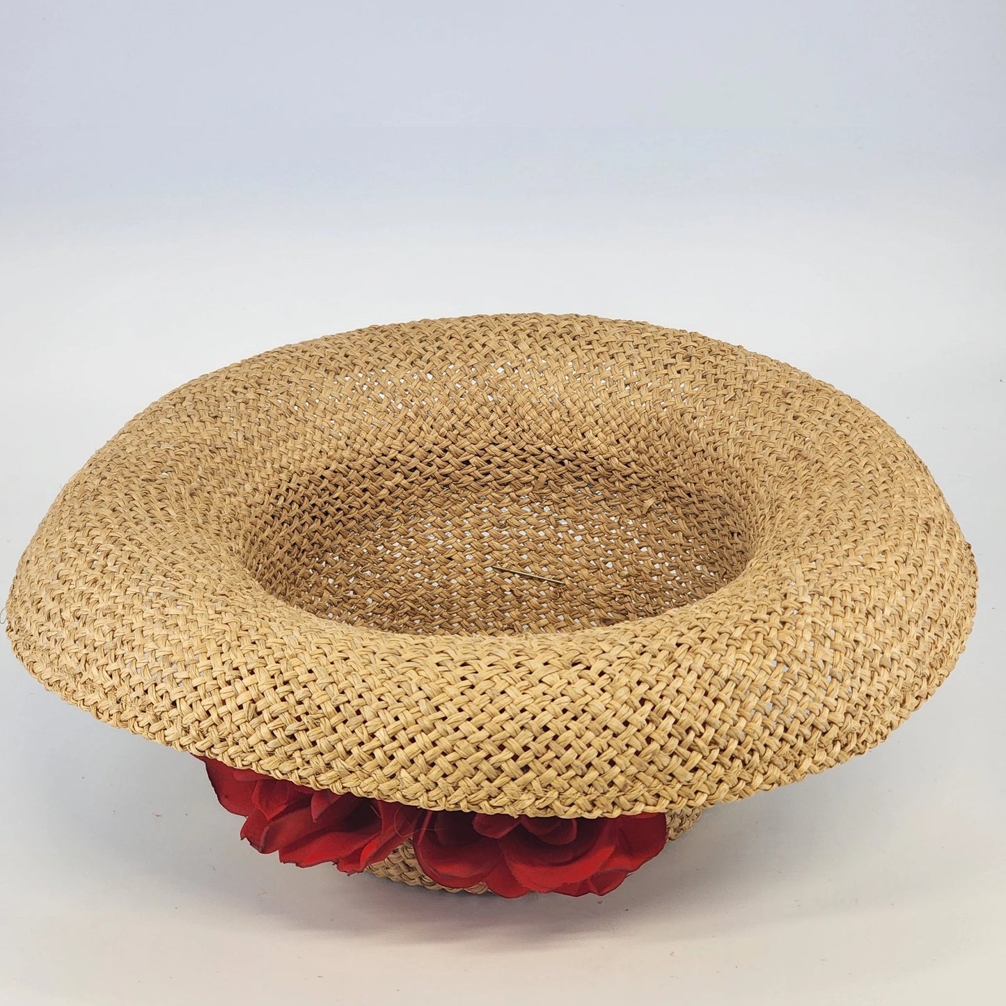 Eric Javits Luxury Squishee Sun Hat Beige Packable Woven Rose Brim Hatpin Vtg