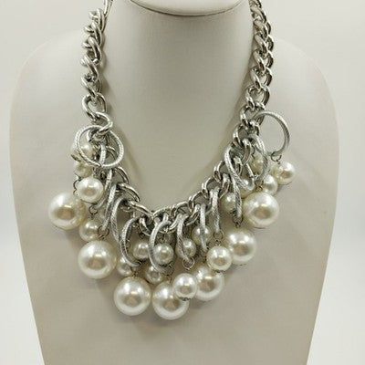Plunder Knot Cord & White Faux Pearl Chunky Beaded Necklace Silver Tone Chain 8"