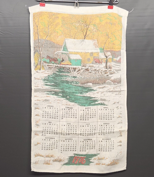 1976 Calendar Linen Kitchen Tea Towel with Creek in The Woods and Forrest