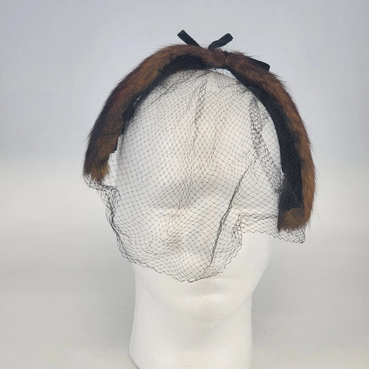 Mink Fur Pillbox Fascinator Net Veil Brown MCM Head Band Head Piece Vintage