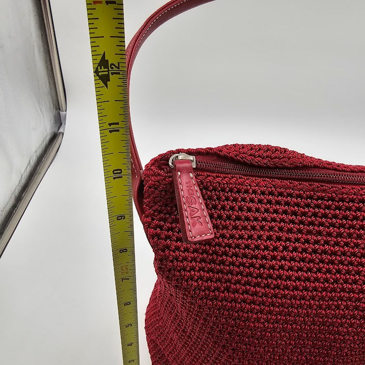 The Sak Red Woven Crochet Shoulder Bag Purse Leather Strap 12"x10"x6" Vintage