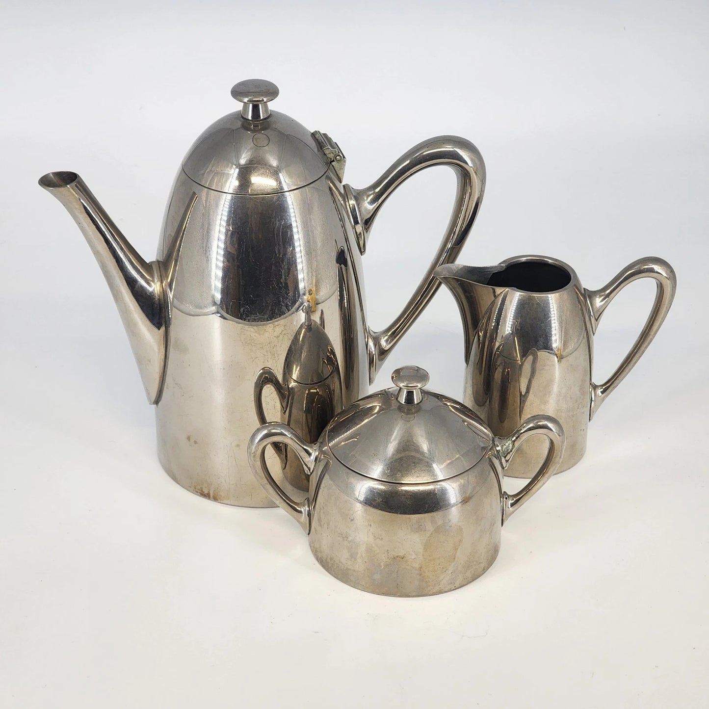 Wiskemann Art Deco Stainless Steel Tea Set Teapot Creamer Sugar Belgium 18/10