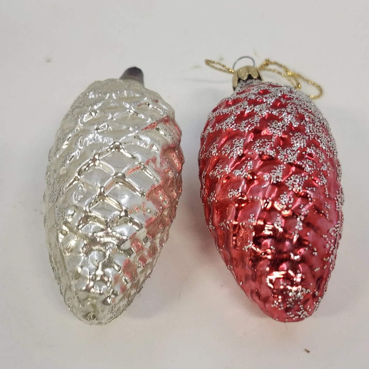 Columbia Glass Pinecone Christmas Ornaments Red Silver Pair 3.5" Missing Cap
