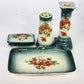 Antique Austrian Porcelain Dresser Vanity Set 5pc Green Lustre Orange Floral Vtg