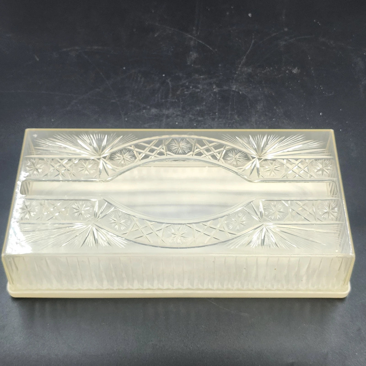 Clear Acrylic Lucite Tissue Box Cover Starburst Diamond 10.5" White Base MCM Vtg