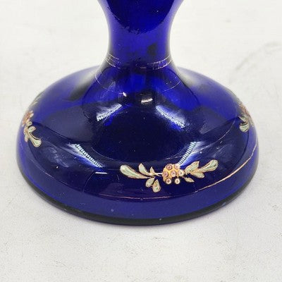 Art Nouveau Bohemian Cobalt Blue Glass Vase with Heavy Gold Gilding – 8" Tall – Dual Handles & Globe Top – Vintage European Display Piece