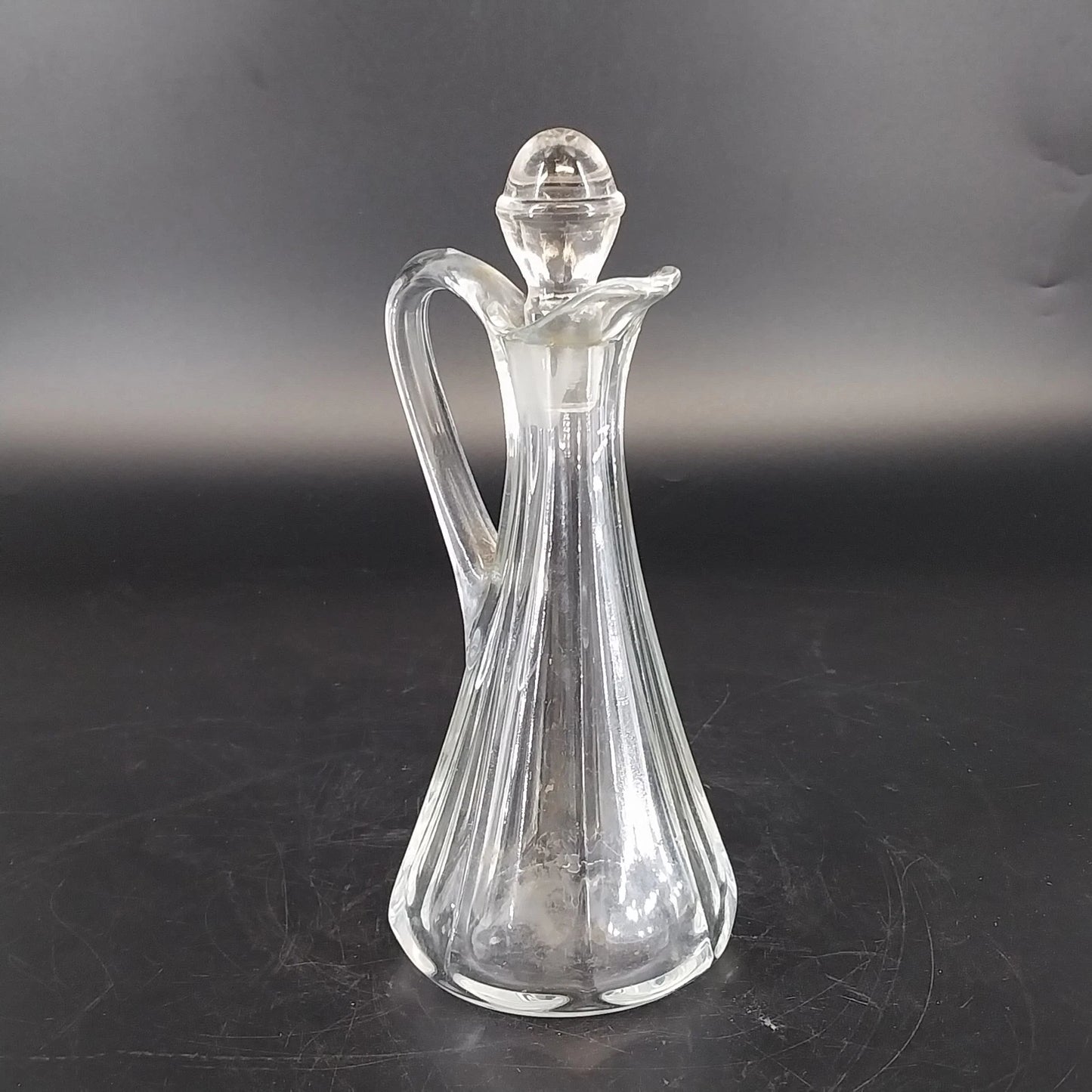 Clear Glass Cruet Bottle Ribbed Panels Stopper Oil Vinegar Decanter 7.25" Vtg