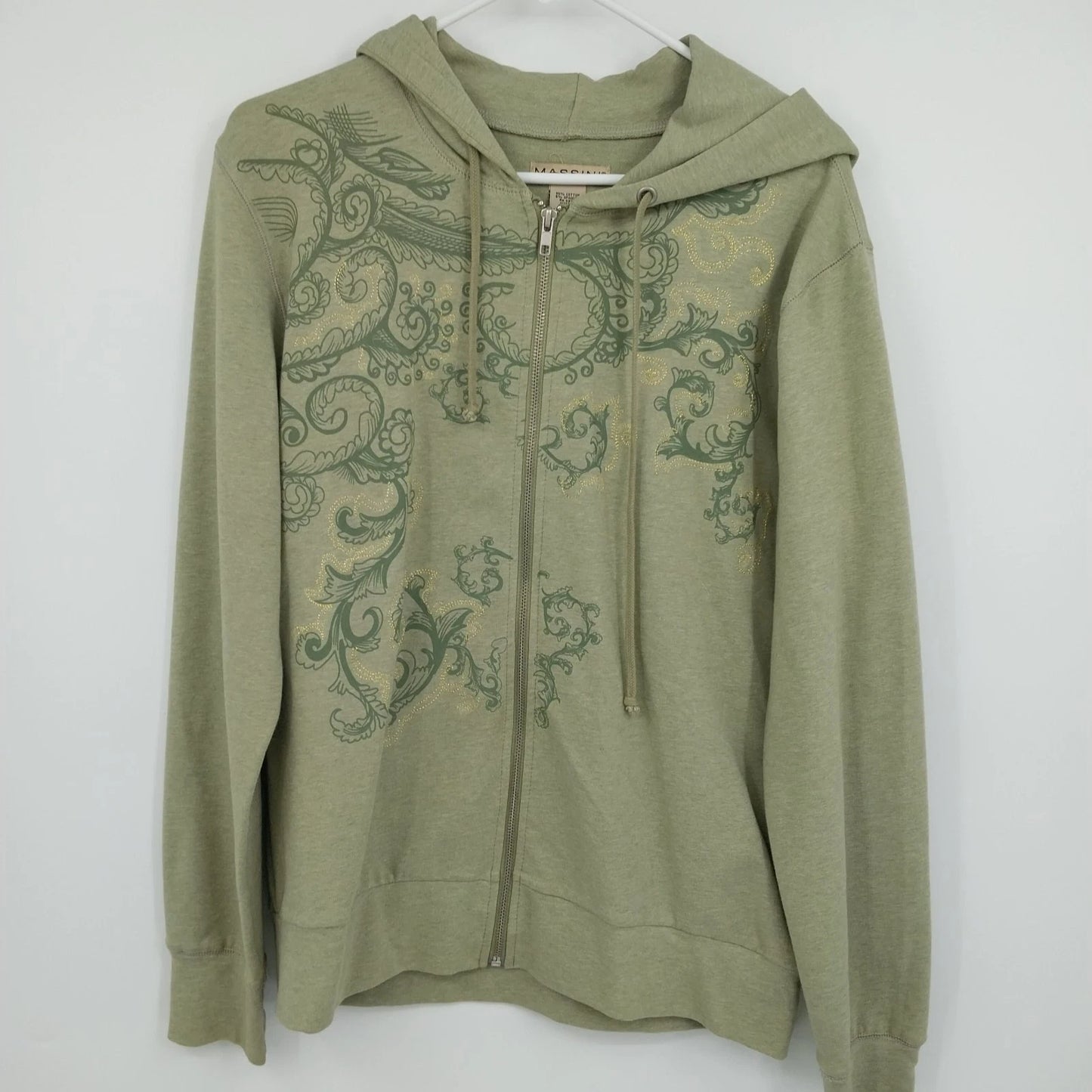 Massini Women's Zip Up Hoodie Size XL Floral Paisley Army Green Cotton Blend Y2K